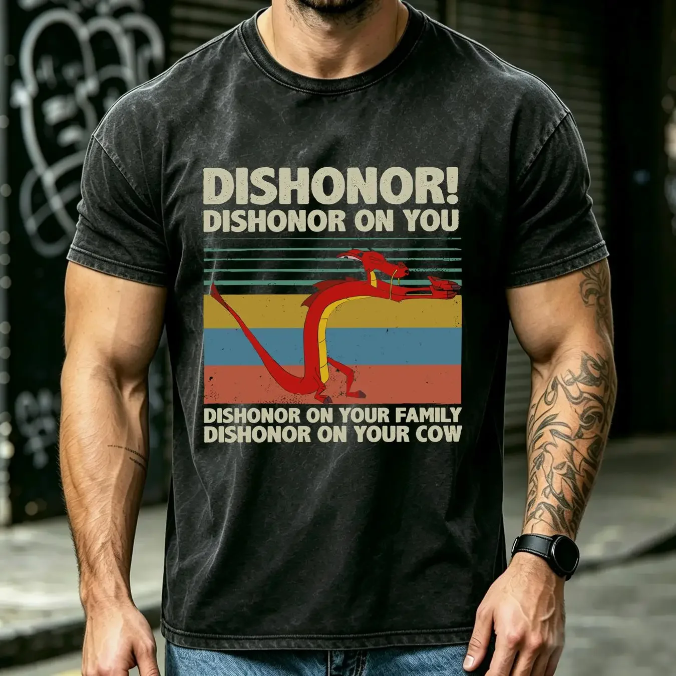 washed T Shirt Mushu Dishonor On You Your Family Cow Vintage Mu Lan Inspired Movie long or short sleeves vintage Washed