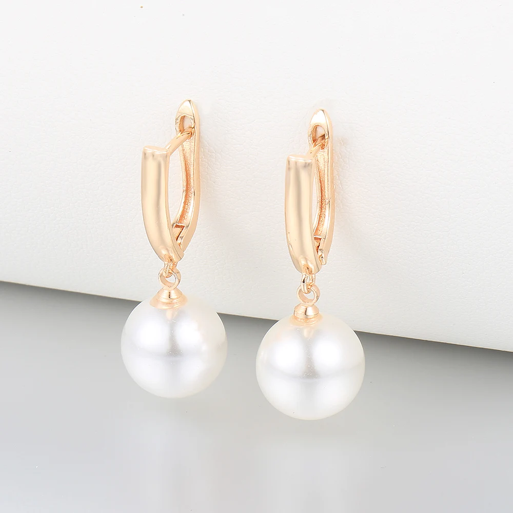 Chic 585 Rose Gold Color Earrings For Women Girls White Pearl Drop Dangle Earrings Party Wedding Jewelry Gifts Wholesale DGE360