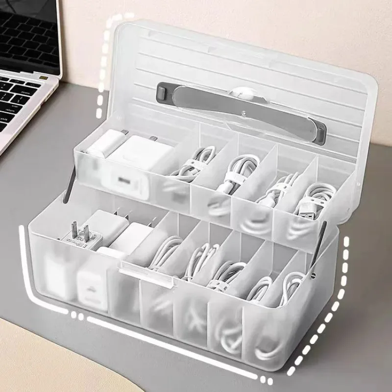 Flip-top Cable Organizer Box – Desktop Cable Management Tool for Phone Chargers, Earphones, and Cables; Dustproof Drawer-Style