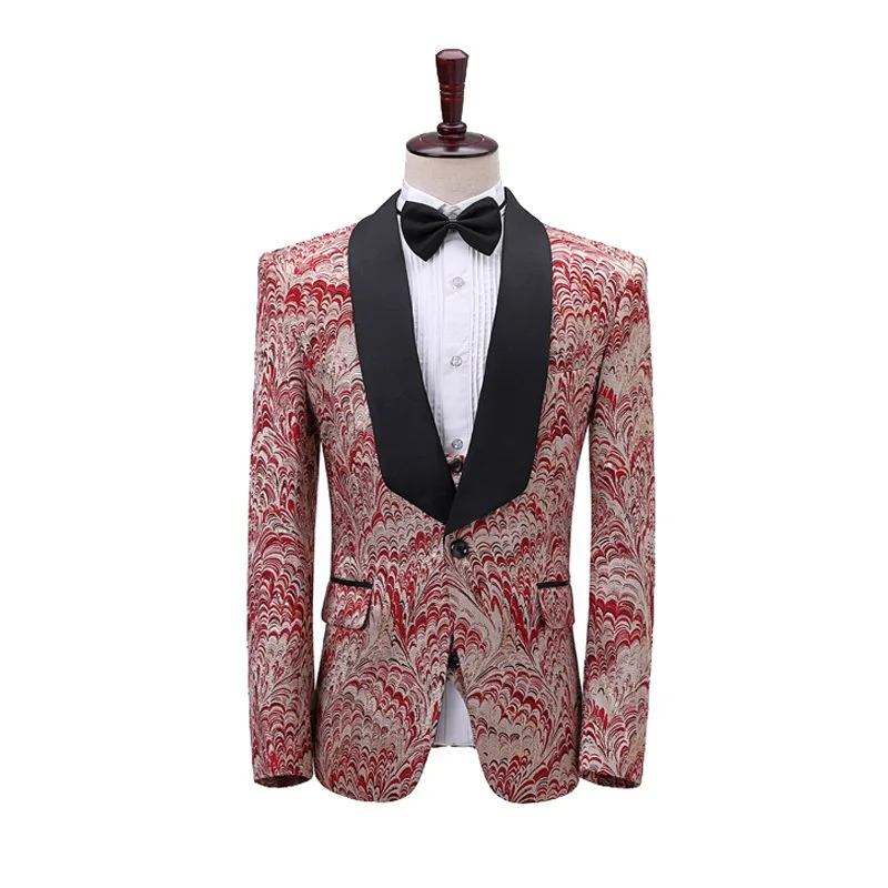 Men Suits Burgundy Jacquard Lapel Collar Suits Three-piece Set Perform Male Host Suit Groom Suit Men