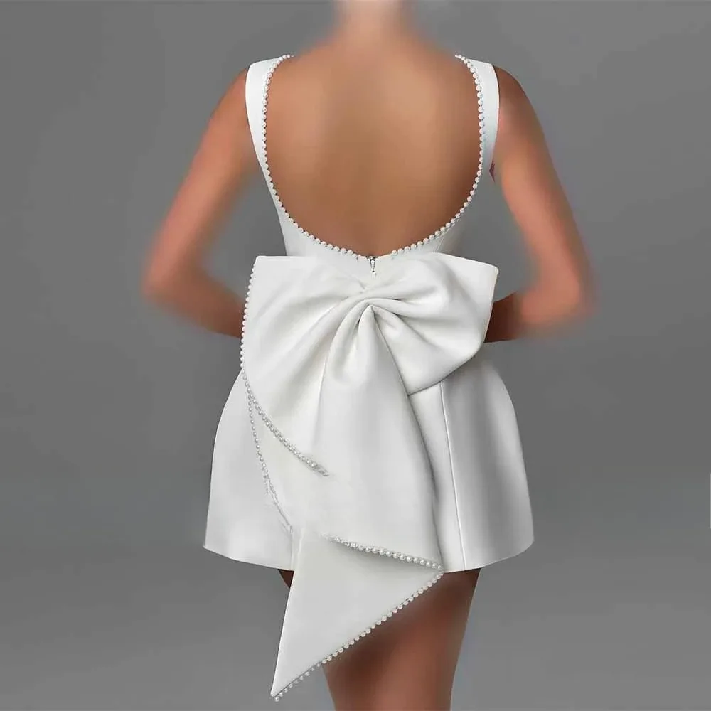 Simple Mini Civil Wedding Dresses Satin A-line Wedding Party Dress White O-Neck Pearls Bow Backless Zipper Short Bridal Gown