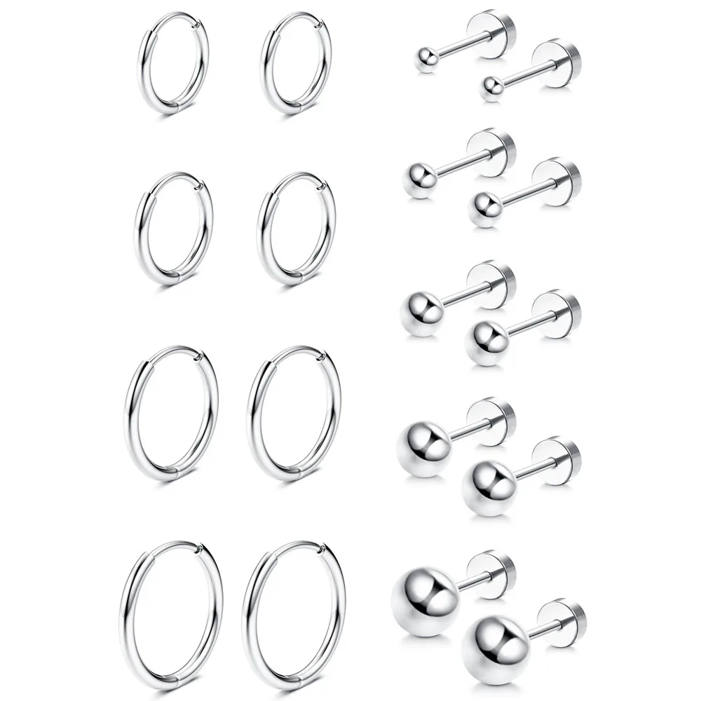 1-9 Pairs Silver Tone Multiple Stainless Steel Tiny Ball Flat Back Lobe Helix Cartilage Stud Earrings Huggie Hoop Earrings Set