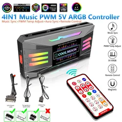 4-in-1 Music PWM ARGB Controller 1to8 Hub 5V 3Pin ARGB Aura Sync 4Pin PWM Temp Adjust Fan Music Rhythm Remote Control Cool Decor