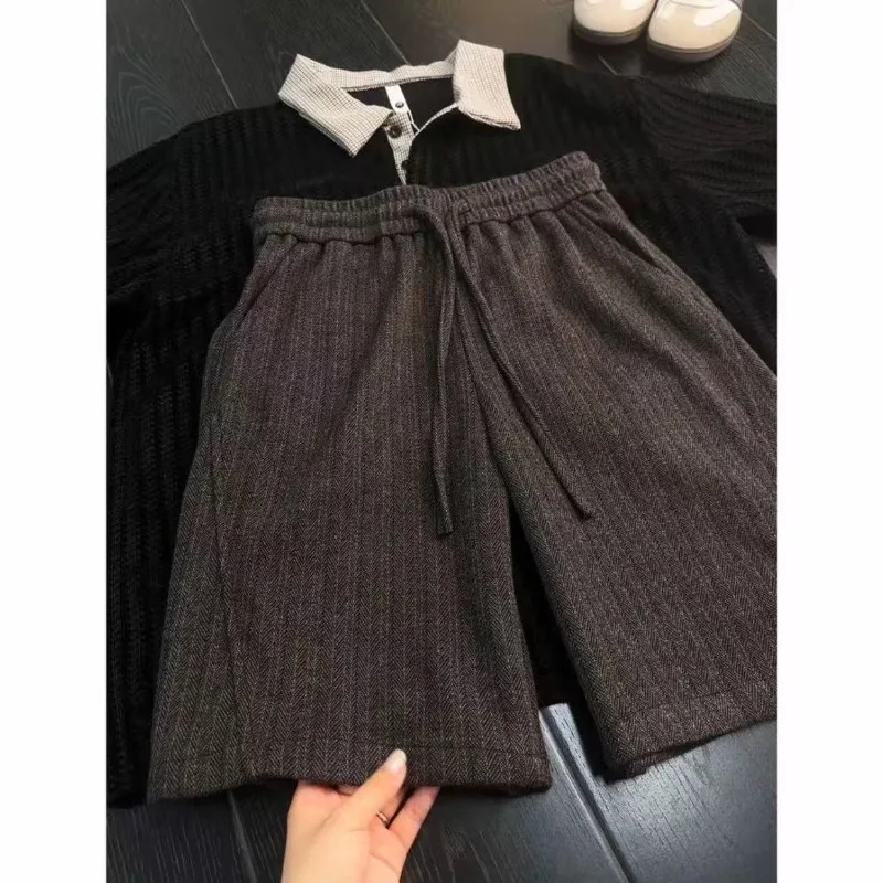 Summer Men Casual Shorts Retro Mid Waist Drawstring Stripes Bevel Cut Straight with Pockets Short Pants Breathable Office Shorts