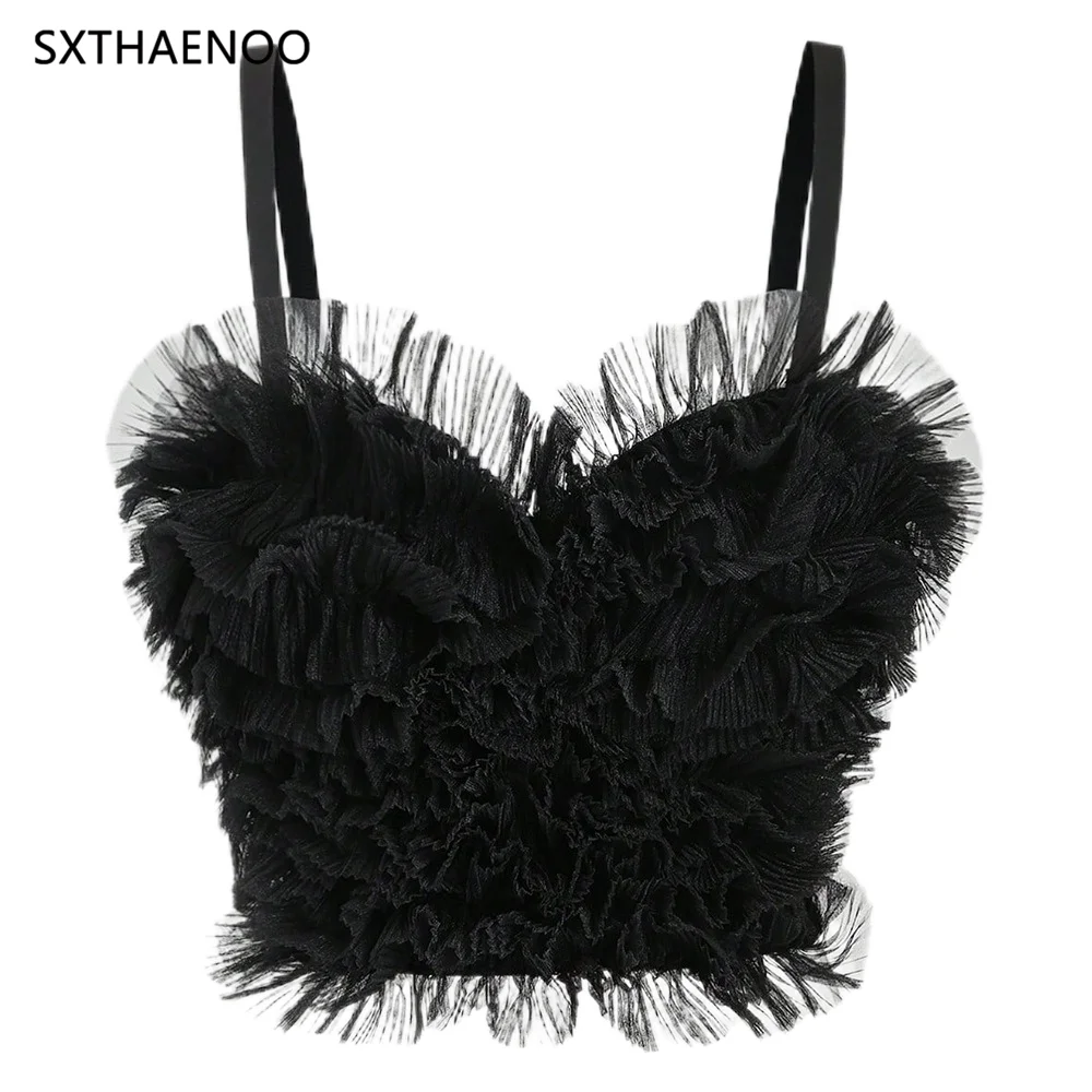 

SXTHAENOO 2024 Sexy & Fashion Black Mesh Fold Corselets Women's Exaggerate Bustier Bra Cropped Top Party Wedding Bralette Vest