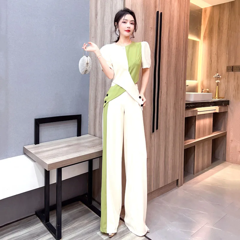 Women 2024 Summer Fashion Splice 2-Piece Set Female Asymmetric Contrast Color Business Suit Two-piece Temperament Wide Leg Pants