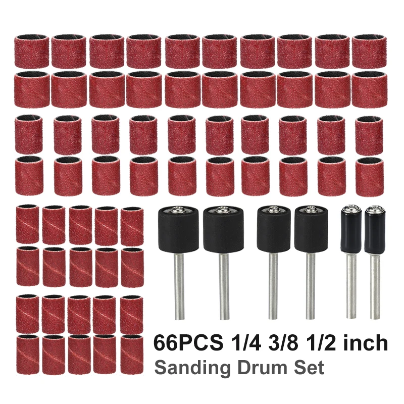 CMCP 66/51pcs Sanding Band 1/4 3/8 1/2 inch With 3.175mm Shank Sanding Drum Kit for Dremel and Rotary Accessories Abrasive Tool