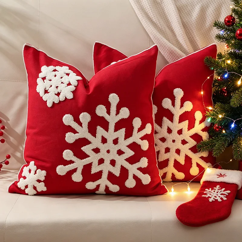 Merry Christmas 3D Snowflake Embroidery Cushion Cover Cotton Canvas Decorative Cushion Case for Sofa Holiday Party Home Decor