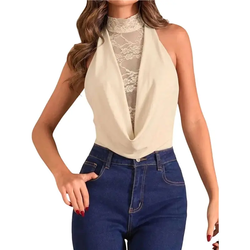 NEW-Women's Halter High Neck Lace Mesh Draped Collar Backless Sleeveless Bodysuit