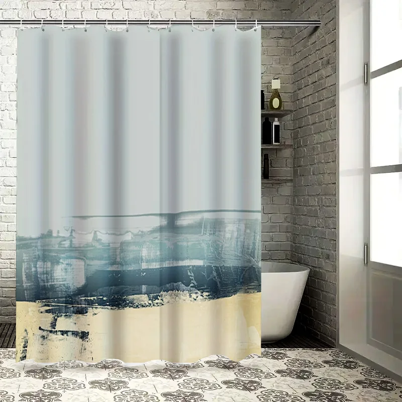 

Bathroom Decor Shower Curtain with Abstract Artwork Modern Design for Home Bathroom Decoration Blue Gray Yellow Colors (180x240c
