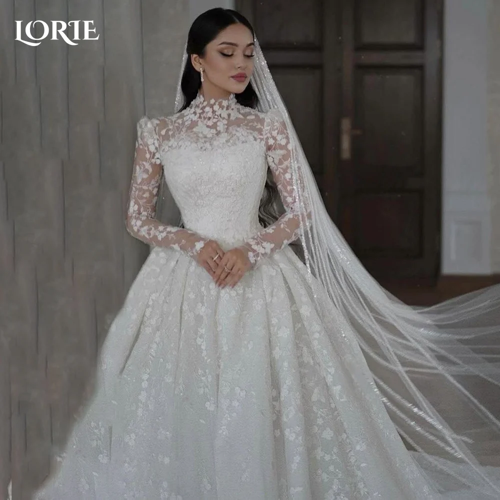 LORIE Vintage Lace Wedding Dress A-Line Appliques High Collar Flowers Bridal Gown Elegant Princess Applique Bride GownCustomized