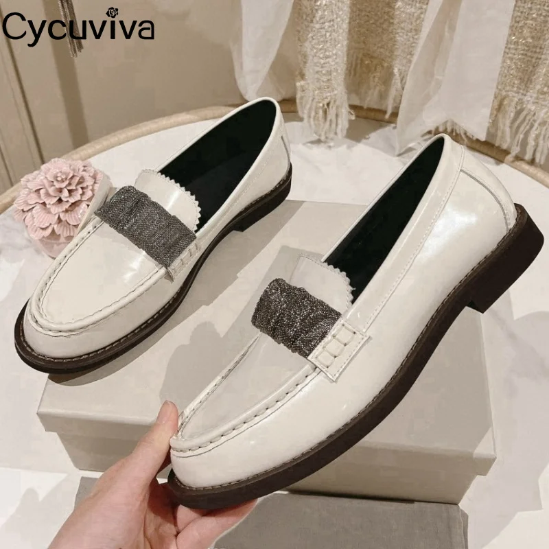 Genuine Leather Flat Loafers Shoes For Women Round Toe Crystal Business Shoes Autumn Casual Party Formal Dress Shoes For Women