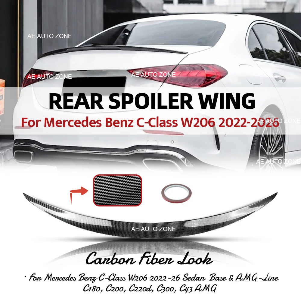 Glossy Carbon Fiber Look Rear Spoiler Wing Sport Style For Mercedes Benz C-Class W206 2022-2026 Sedan C180 C200 C220d C300 C43
