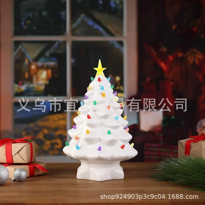 Ceramic Christmas Village Decoration Tree With Tree Topper Star Multicolored Lights For Ornaments Home Courtyard Ornaments Gift