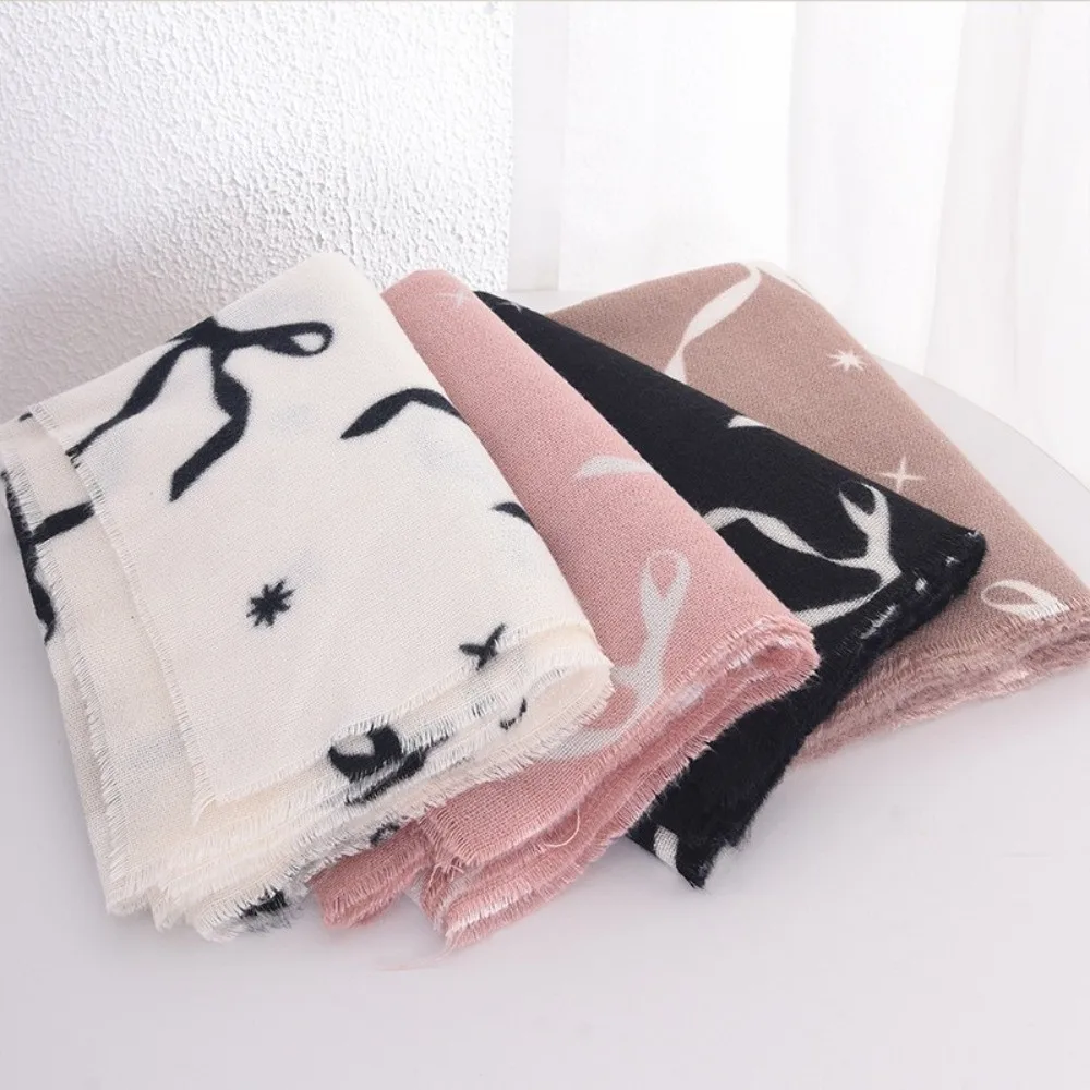 Temperament Printed Bow Wool Scarf Coldproof Thicken Winter Cashmere Scarves Long Warm Women Cashmere Shawl Office