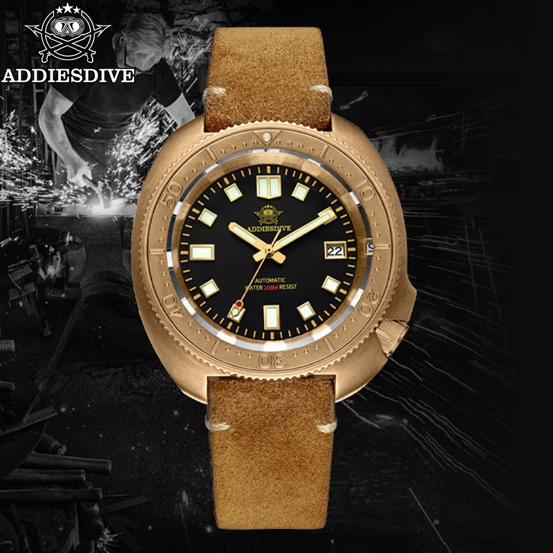 ADDIESDIVE Men‘s Bronze Automatic Mechanical Watches Sapphire NH35 Leather Analog Wristwatch Waterproof C3 Luminous Diving Watch