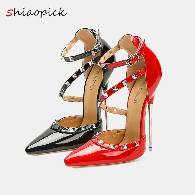

2025 новые туфли-лодочки на очень металлическом высоком каблуке 16 см, пикантные женские туфли-лодочки с заклепками и пряжкой на ремешке, фетиш-модель, мужская обувь унисекс для подиума