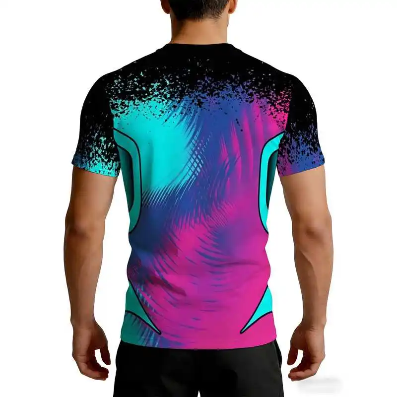 Men's Slim Fit Compression Fitness T Shirt Black Base Gradient Cyan Pink Granular Splatter Feather Design High Elastic V Taper