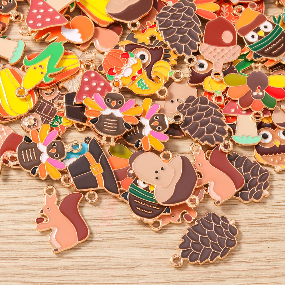 Tusember 10pcs Enamel Animal Hedgehog Owl Fox Squirrel Charms for Necklaces Earrings Thanks-giving Day Pendants Jewelry Making