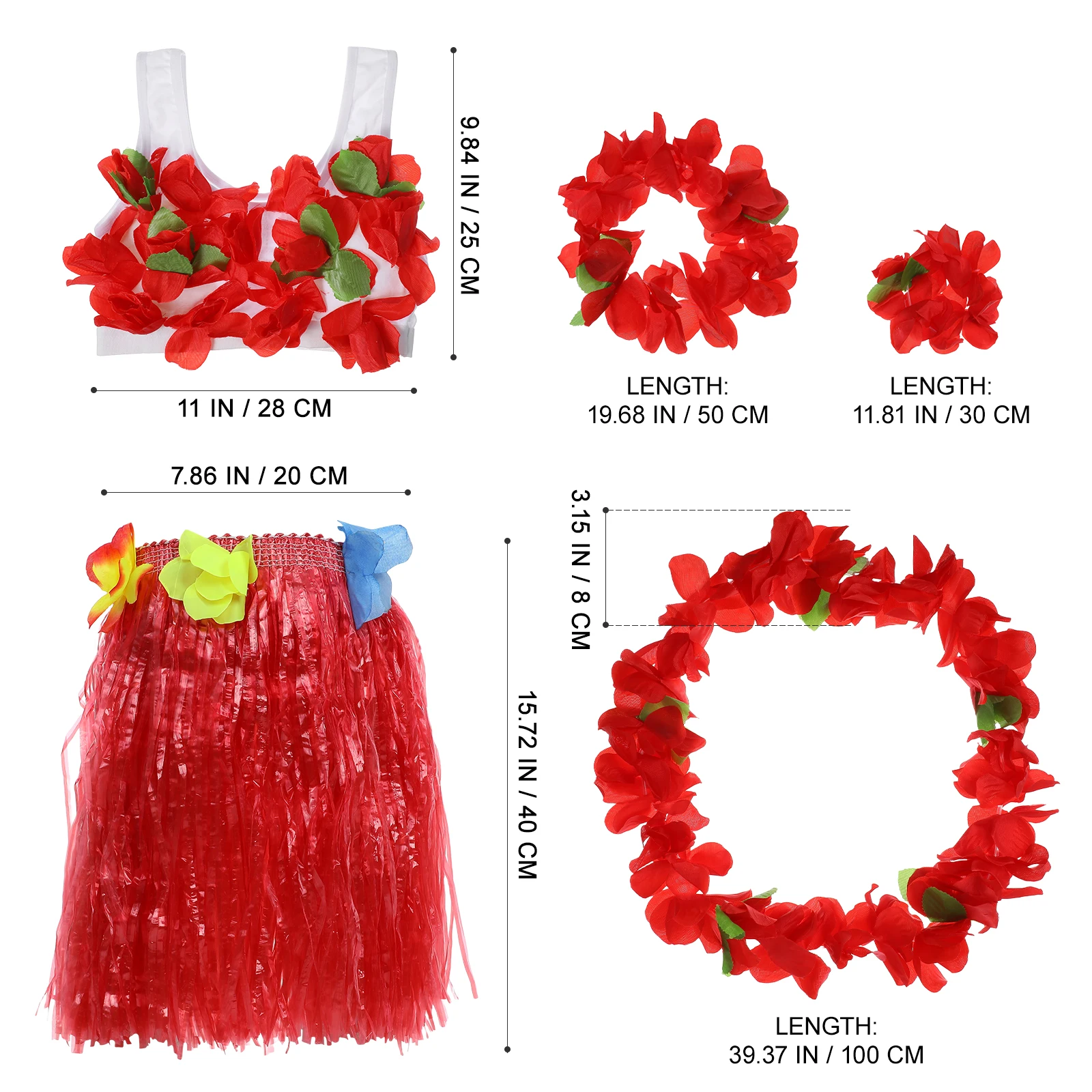 6-teiliges Tanzkostüm Hawaii-Grasrock-Set, tropische Hawaii-Outfits, Damen- und Mädchen-Party-Accessoires, rotes Stirnband, Blume