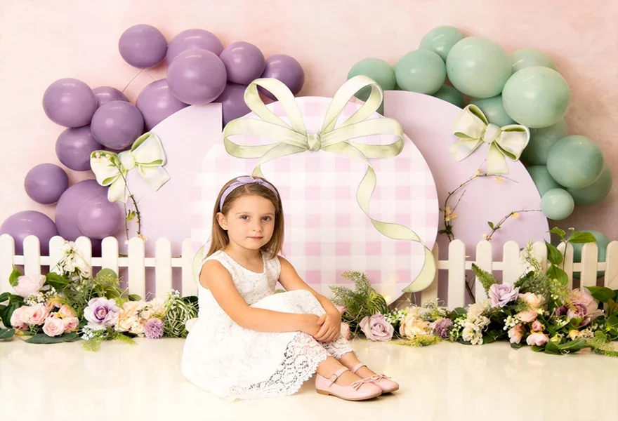 Pastel Balloon Gift Box Photography Backdrop with White Picket Fence Floral Decor for Birthday Party Photoshoots
