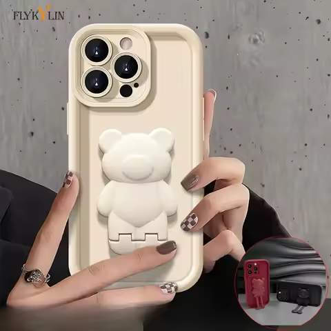 FLYKYLIN Cute 3D Bear Bracket Silicone Phone Case For Samsung S25 S24 S23 S22 Ultra S21 Plus S20 Note 20 Shockproof Matte Cover