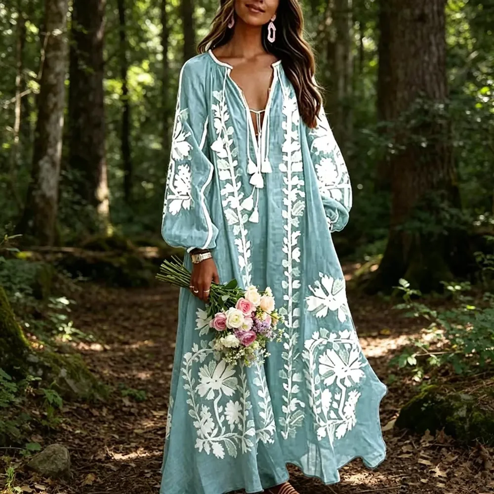 Women's Casual Bohemian Print Dress V Neck Long Sleeve Beach Style Elegant Long Midi Dress Vacation Loose Dress