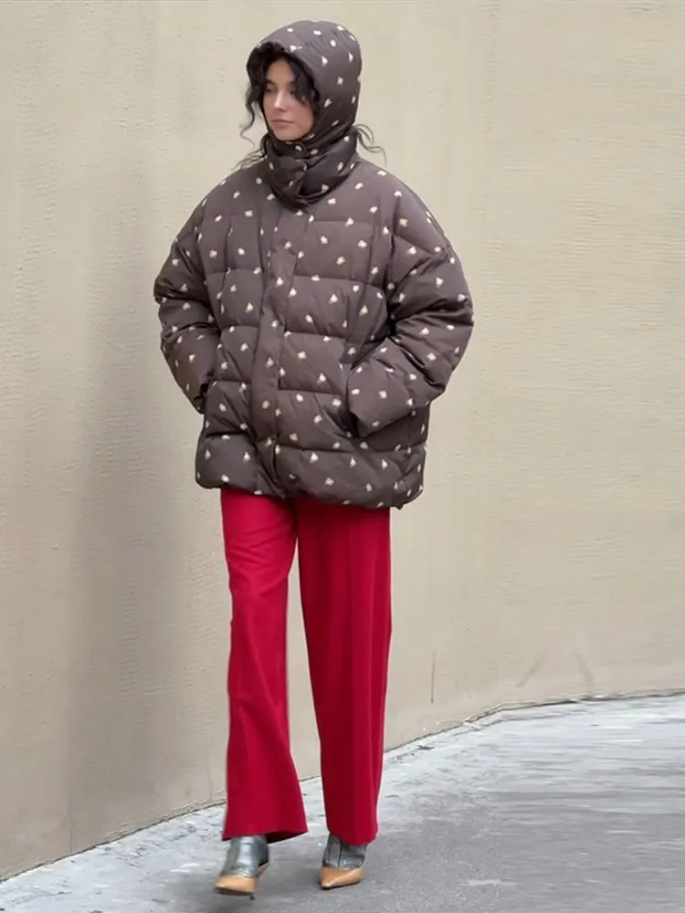 Women's New Warm Jackets Stand Collar Print Hooded Cotton Jacket Woman Detachable Hat Loose Long Sleeve Casual Coats Versatile