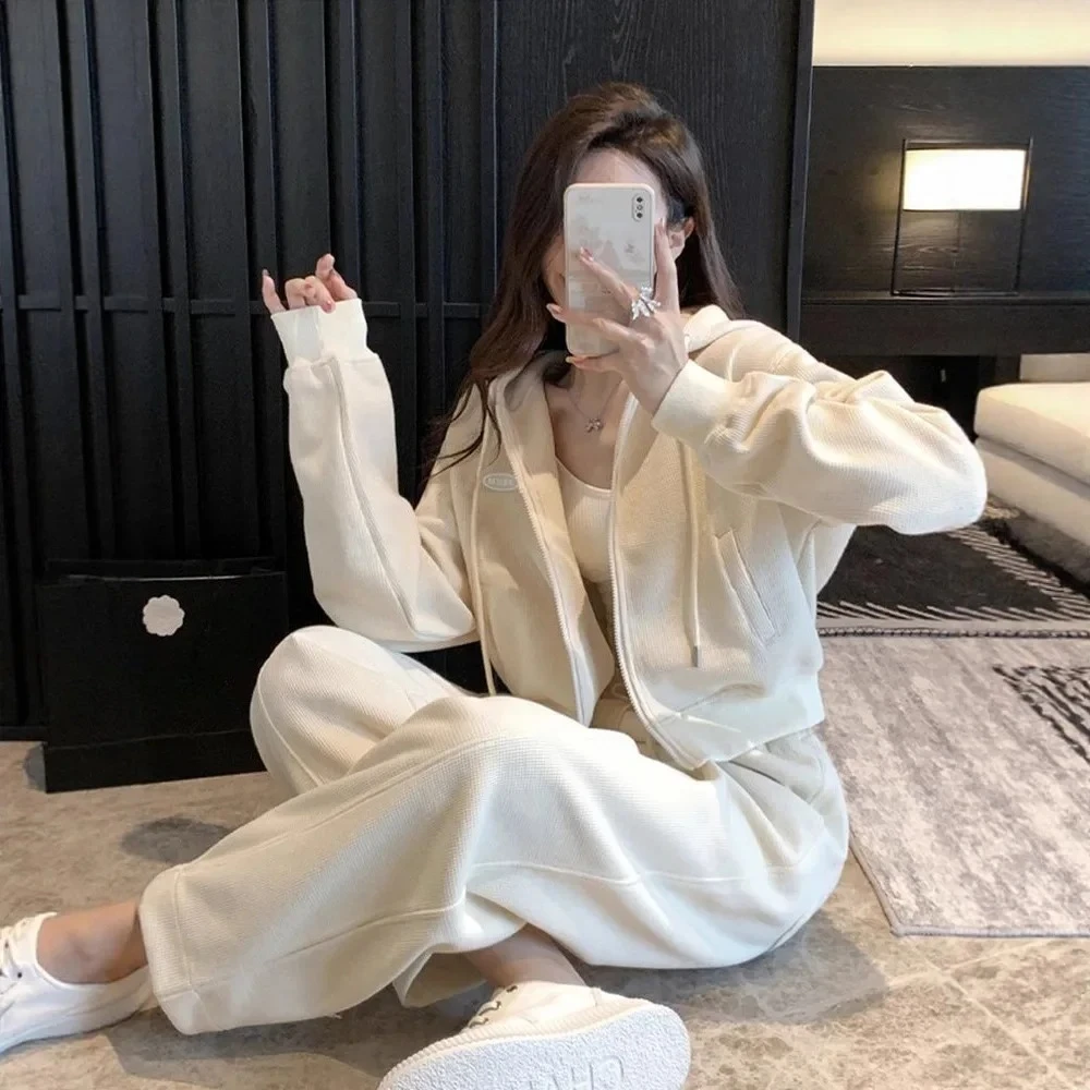 

Женский комплект спортивной одежды цвета хаки, свободная куртка с капюшоном, повседневная одежда для бега, комплект из двух предметов