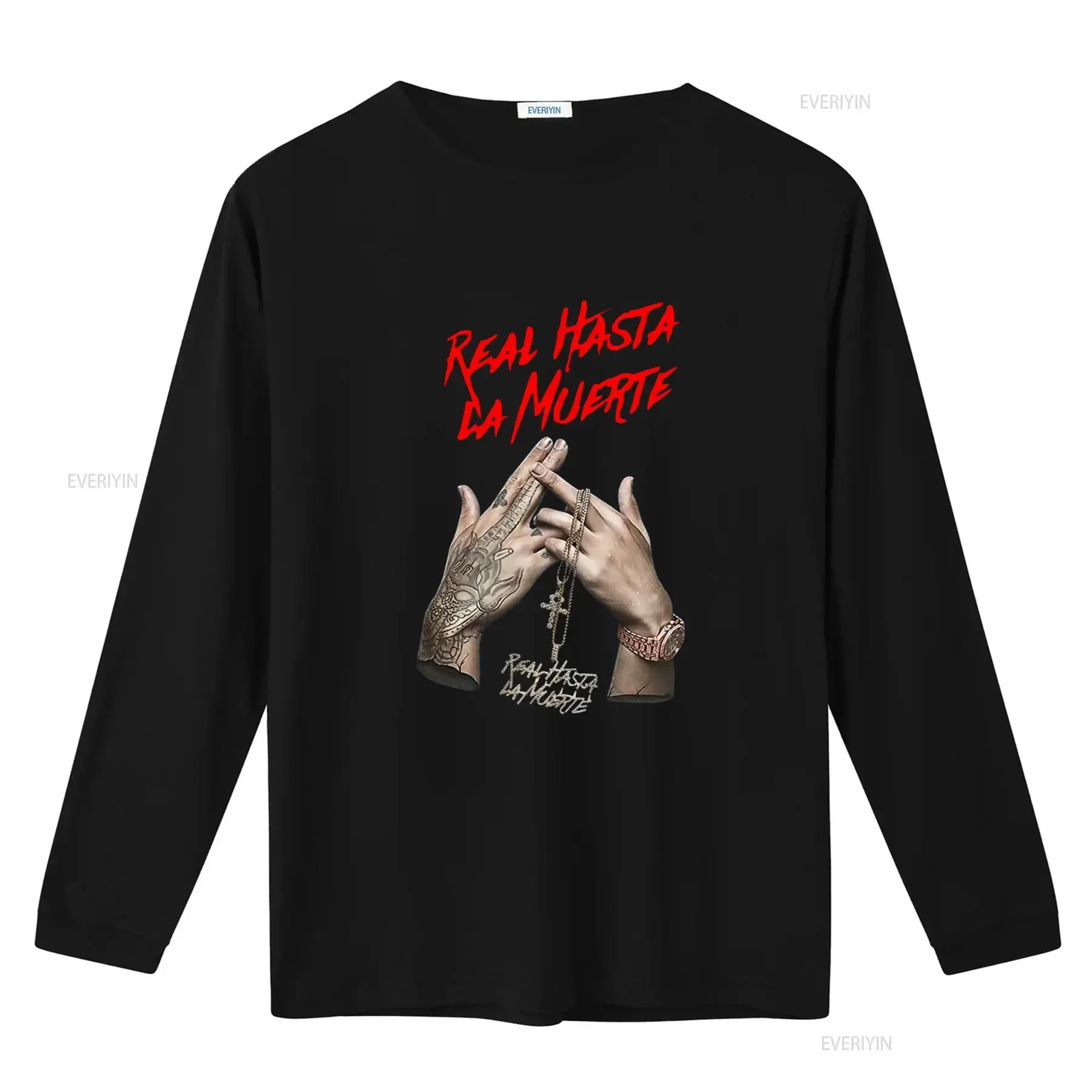 Rare Anuel AA Real Hasta La Muerte T Shirt Fashion Black with Tattoo Hands and Cross Necklace Design Size S 4XL vintage Washed
