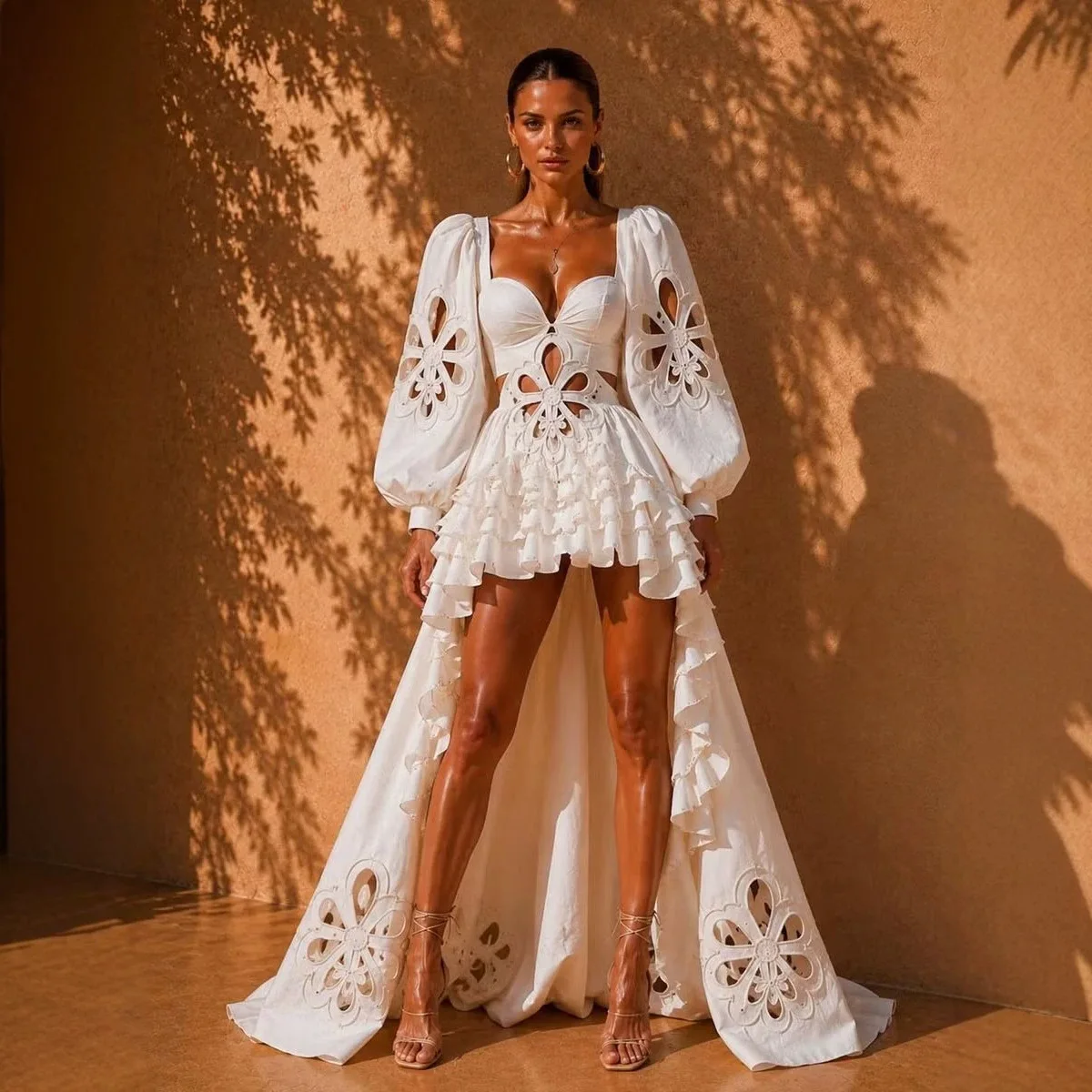 Women Elegant White Cutout Lantern Sleeve High Low Ruffle Maxi Dress Sexy Open Back Homecoming Prom Back To School Evening Party Heavy Formal Gowns