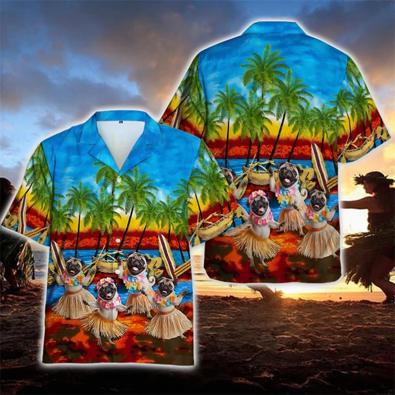 Hula Pet Dog Graphic Hawaiian Beach Shirts Aloha Beagle Great Dane Shirts For Men Clothes Samoyed Schnauzer Dancing Dog Blouses