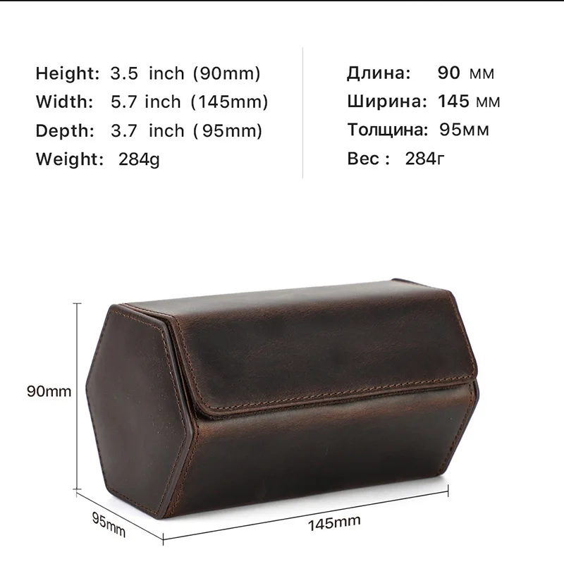 Hexagonal 2-Slot Couple Watch Case with Suede Lining Portable Travel Vintage Brown Genuine Cowhide Leather Watch Storage Box