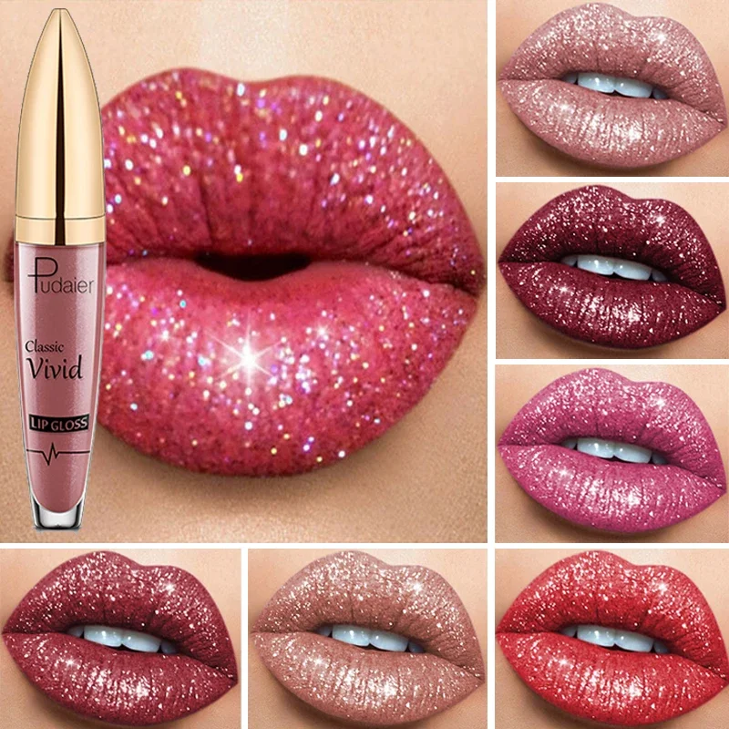 Pudaier Diamond Glitter Lip Gloss Velvet Matte Lip Tint Pigment Waterproof Long Lasting Red Blue Black Makeup Liquid Lipsticks