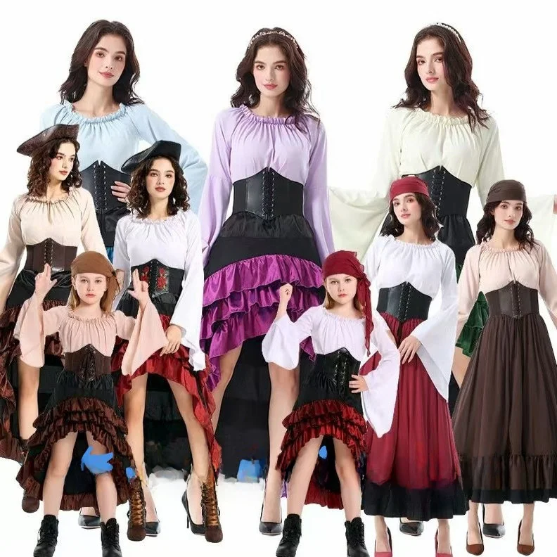 

Medieval Pirate Queen loween Long Skirt with Pleats Waisand Cosplay Costume Women's Traditional Chinese Sle Stage Costume