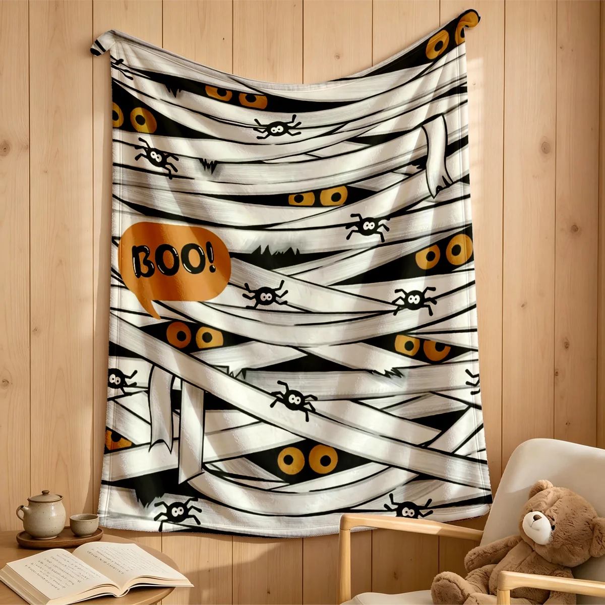 Funny Halloween Throw Blanket Mummy Bandage Spider BOO Art Print Soft Flannel for Kids Room Sofa Lap Holiday Theme Decor Gift