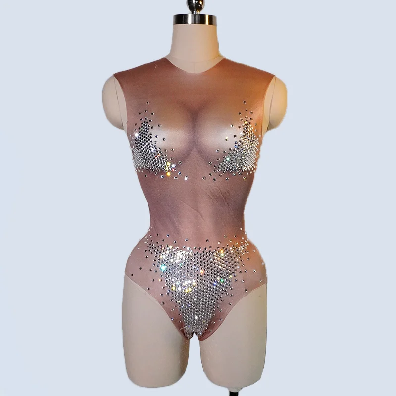 بريق حجر الراين عارية داخلية عارية الذراعين النساء حفلة عيد ميلاد سحب كوينز الزي أداء نادي المرحلة Gogo ملابس رقص #2