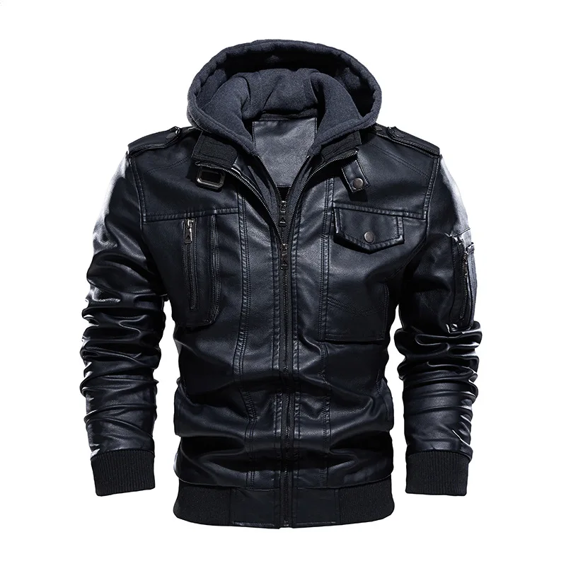 Männer Motorrad Leder Jacke Männlichen Künstliche Leder Kleidung Herbst/Winter Bomber Faux Pu Ourwearing Biker Haube Fleece Mantel