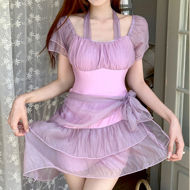 Sweet Cute Elegant Swimwear Women One Piece Skirt Purple Halter Slim Fit Short Sleeve High Waist 2024 Summer Beach Bathing Suit