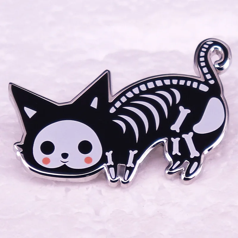 A2489 Animal Skeleton Brooches Cat Skull Pins Punk Gothic Dark Badges Black Metal Enamel Pin Lapel Bag Clothes Jewelry Gifts