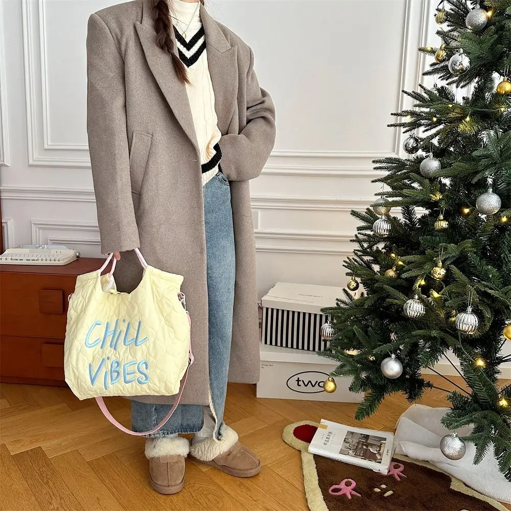 

Large Capacity Drawstring Puffer Tote Bag Lightweight Embroidery Nylon Padded Tote Bag Candy Color Korean Style