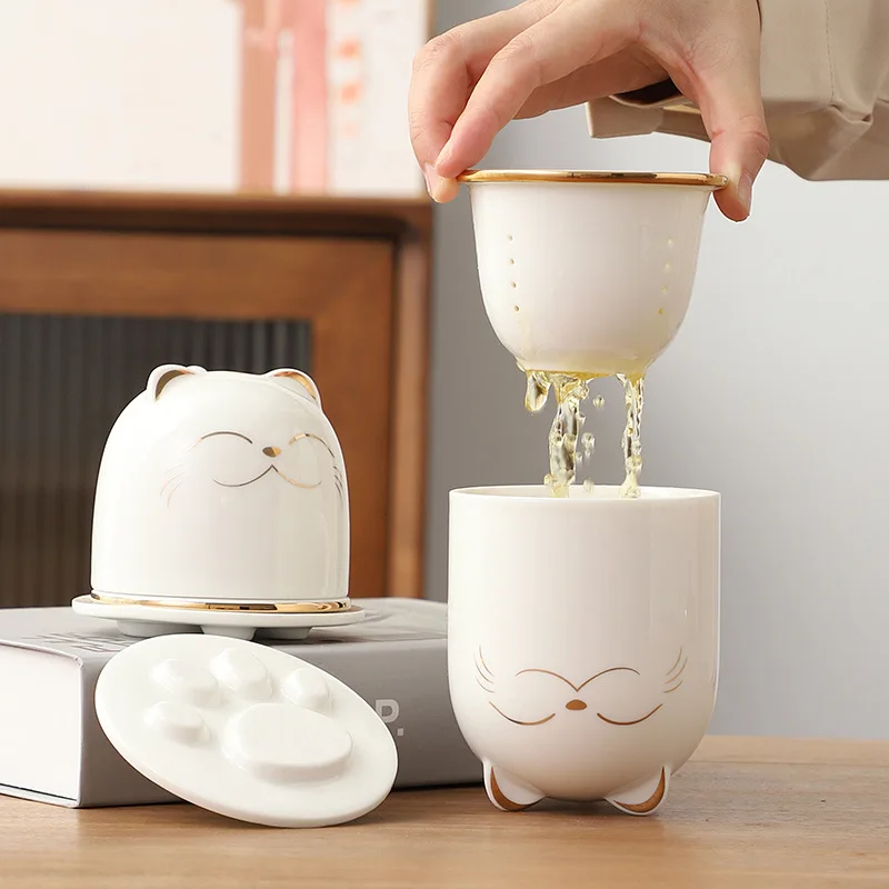 

Cute cup fortune cat tea mug ceramic tea with cover separation couple cup tea set gift