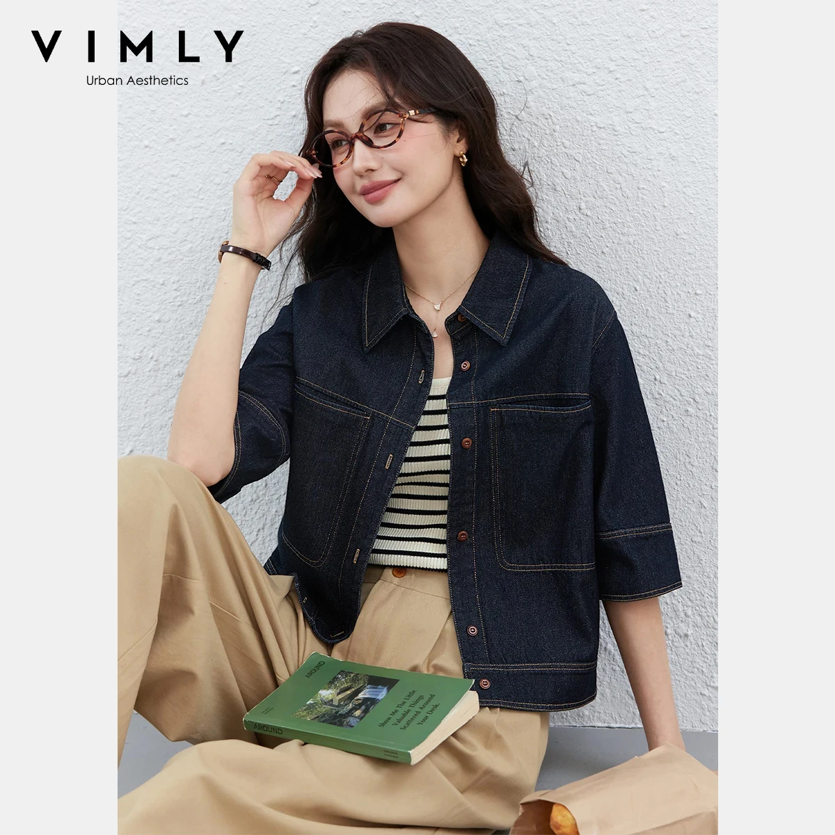 

VIMLY Women‘s Vintage Denim Jacket 2026 Spring New Fashion Lapel Collar Color Contrast Stitching Casual 3/4 Sleeve Coat A5105