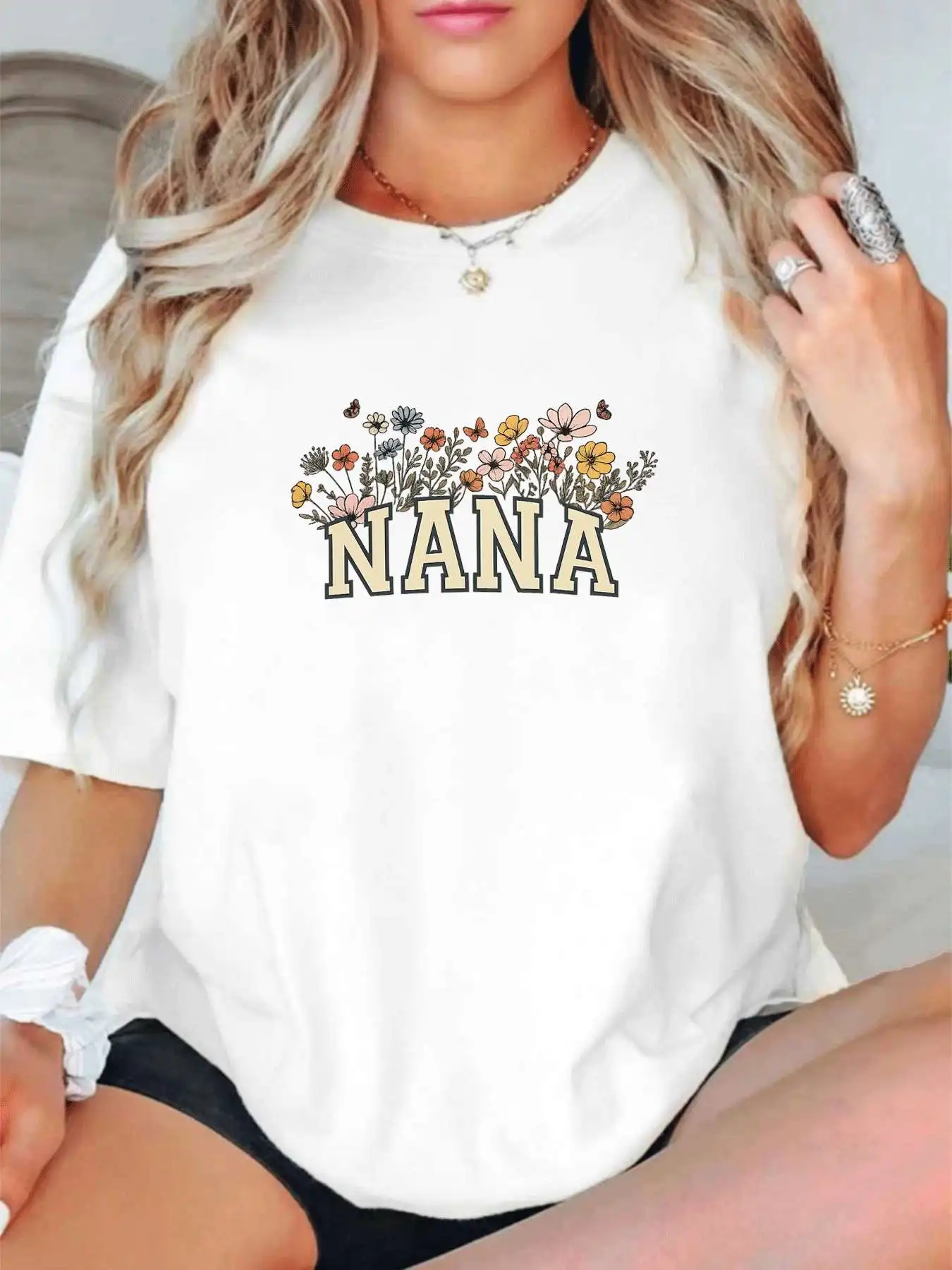 

【1145596】 Plus size women's round neck short sleeve T-shirt with elastic half sleeves and trendy prints