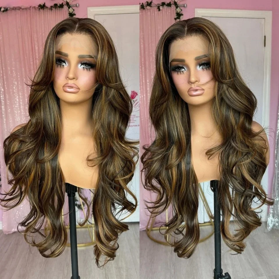180Density Glueless  26“Long Blonde Highlight Soft Body Wave Lace Front Wig For Women Heat Resistant Synthetic Preplucked Daily