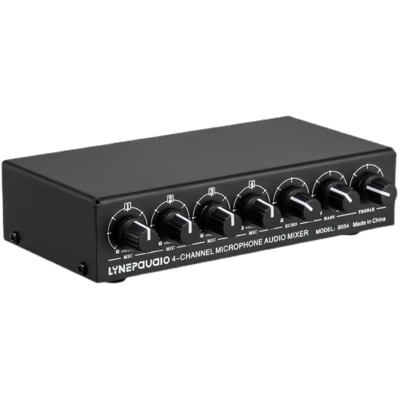 

4-channel microphone microphone mixer supports stereo output, high and low frequency adjustment, USB 5V power supply