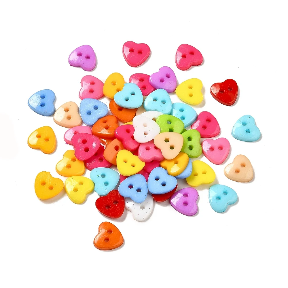 Acrylic Heart Buttons Plastic Sewing Buttons for Costume Design 2-Hole Dyed Mixed Color 12x12x3mm Hole: 1mm