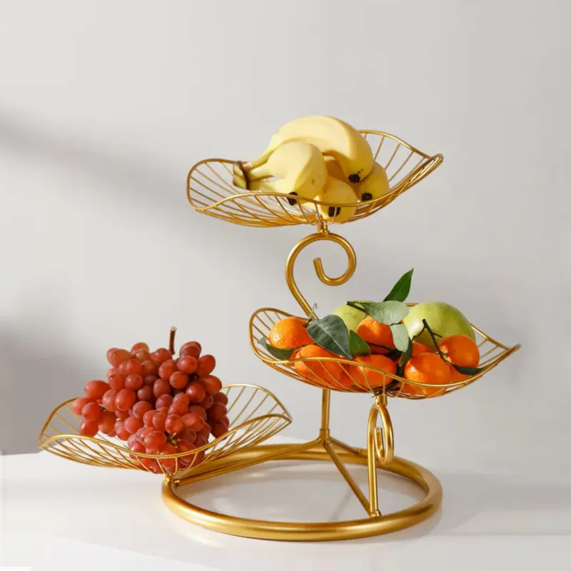 

Lotus Leaf Shaped 3-Tier Metal Wire Fruit Basket Vintage Space Saving Multi-layer Serving Tray with Base Home Storage Tray