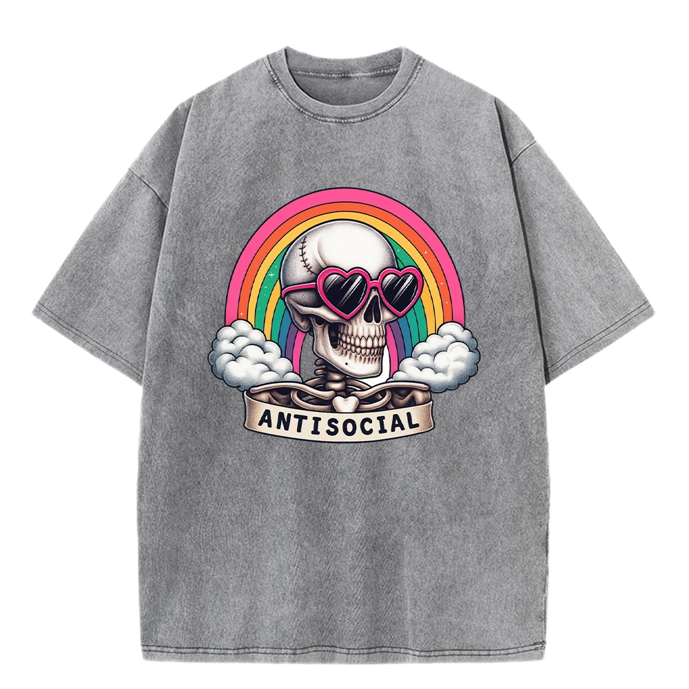 

Antisocial Individual Skull Rainbow Pattern Men Washed T Shirts Casual Fashions Cotton T-Shirt Loose O-Neck Top Vintage Clothes