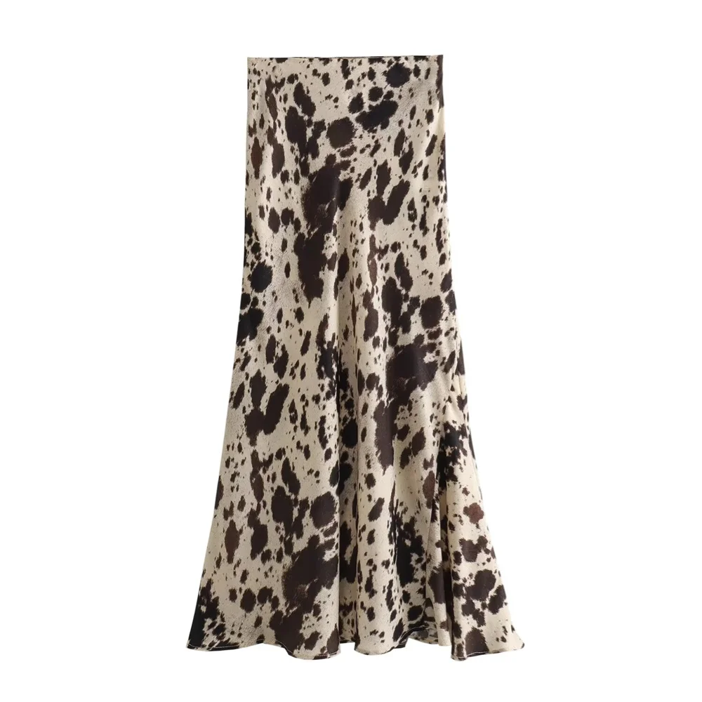 2024ZAR4 Spring Summer Women\'s Fashion niche animal print silk satin texture high waisted midi skirt